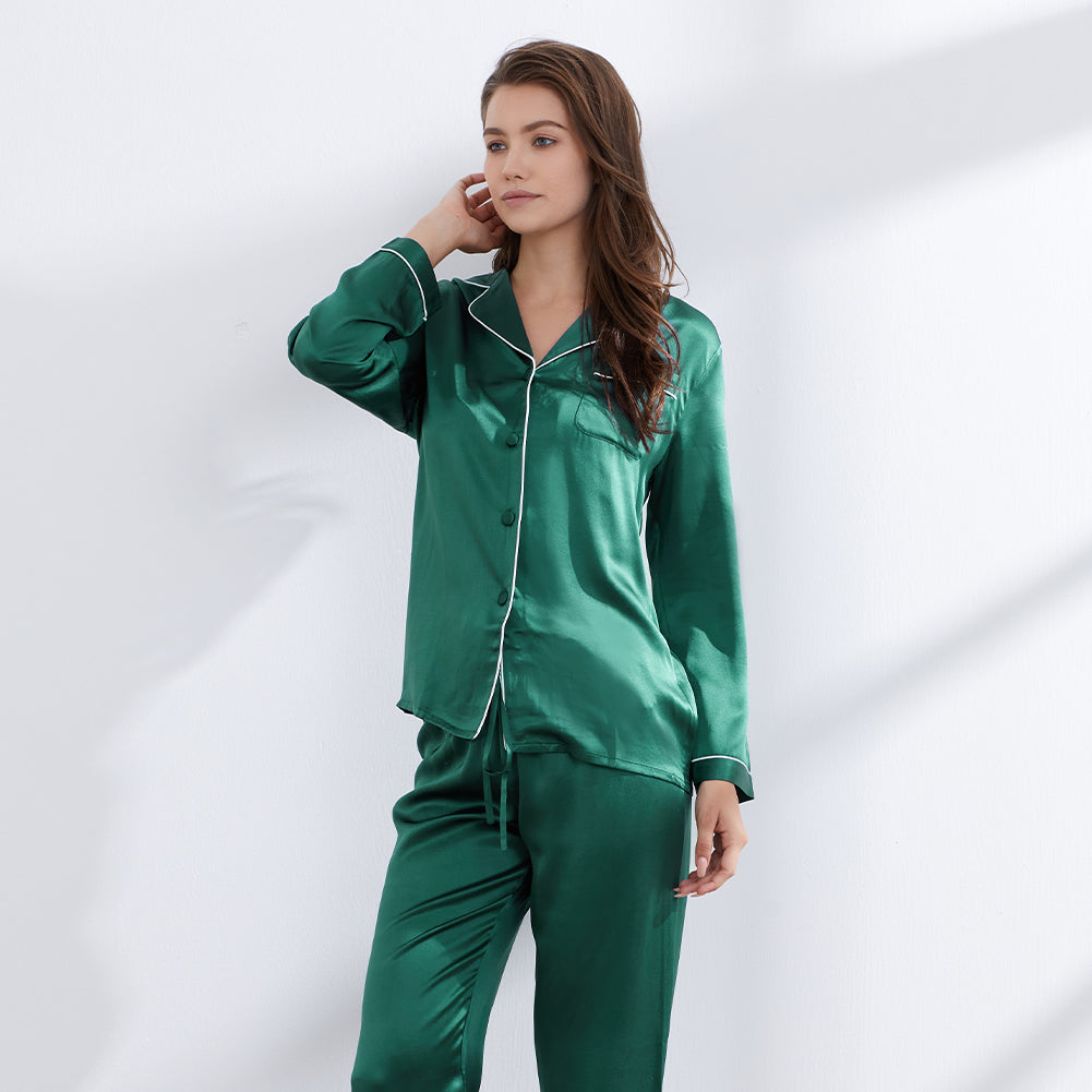 Green Silk Pajamas Set for Women