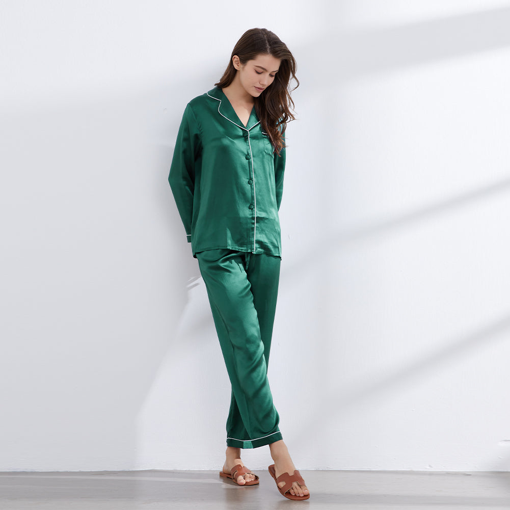 Green Silk Pajamas Set for Women