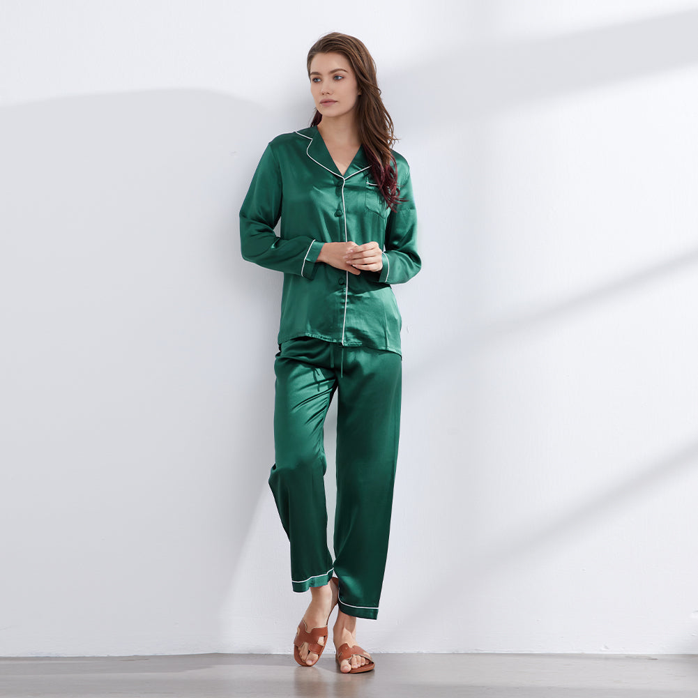 Green Silk Pajamas Set for Women