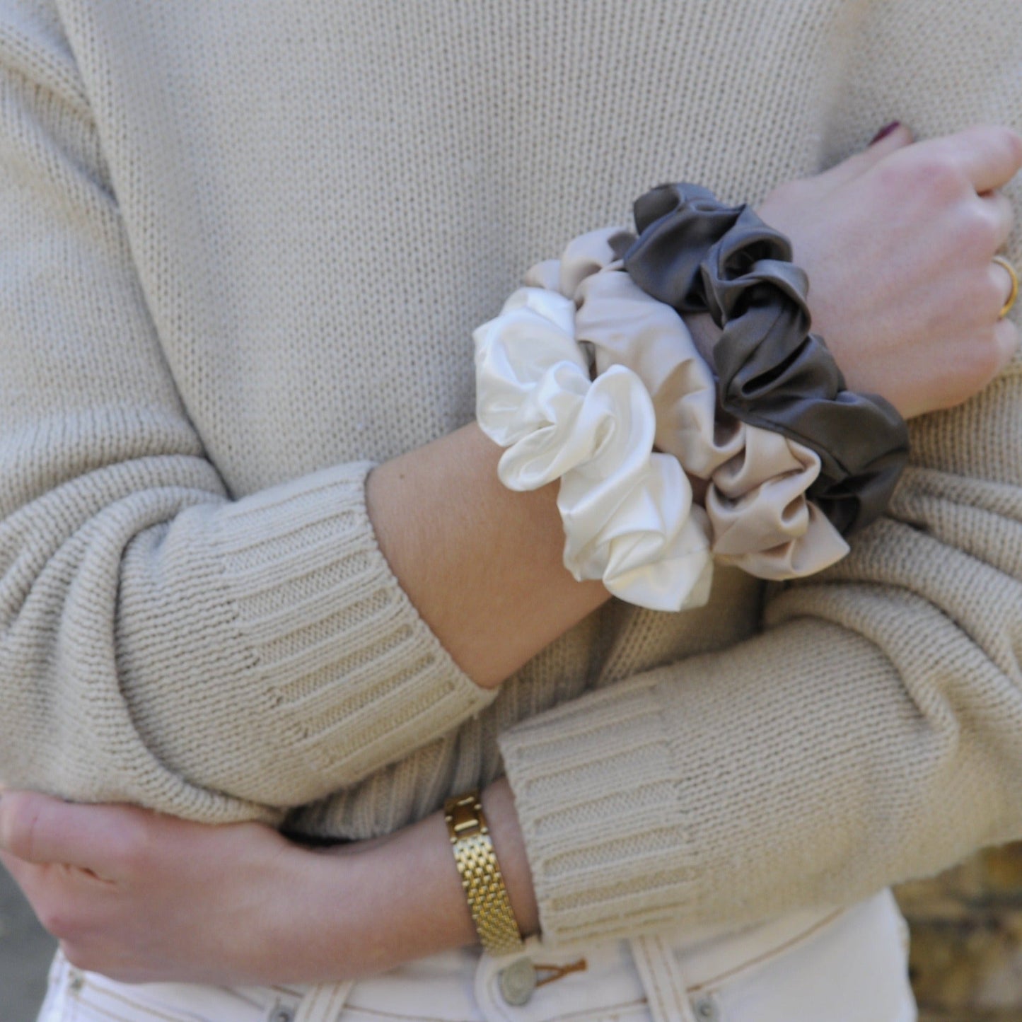 3 Large Silk Scrunchies - Neutrals